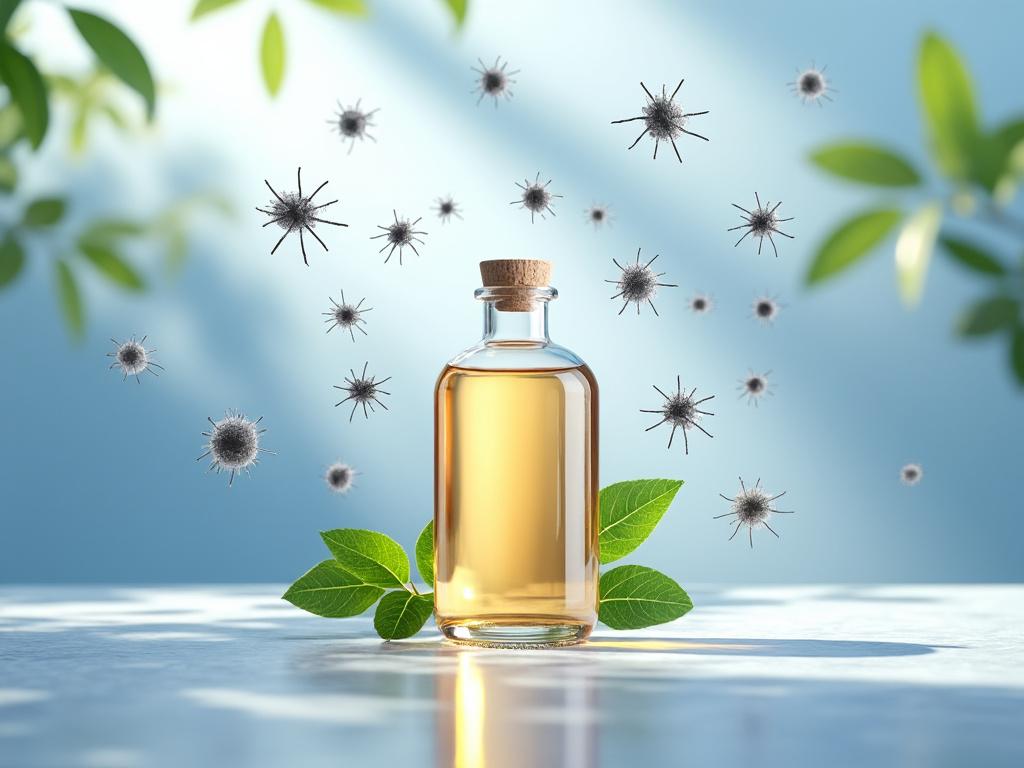 Bouteille d'huile essentielle avec feuilles et microbes.