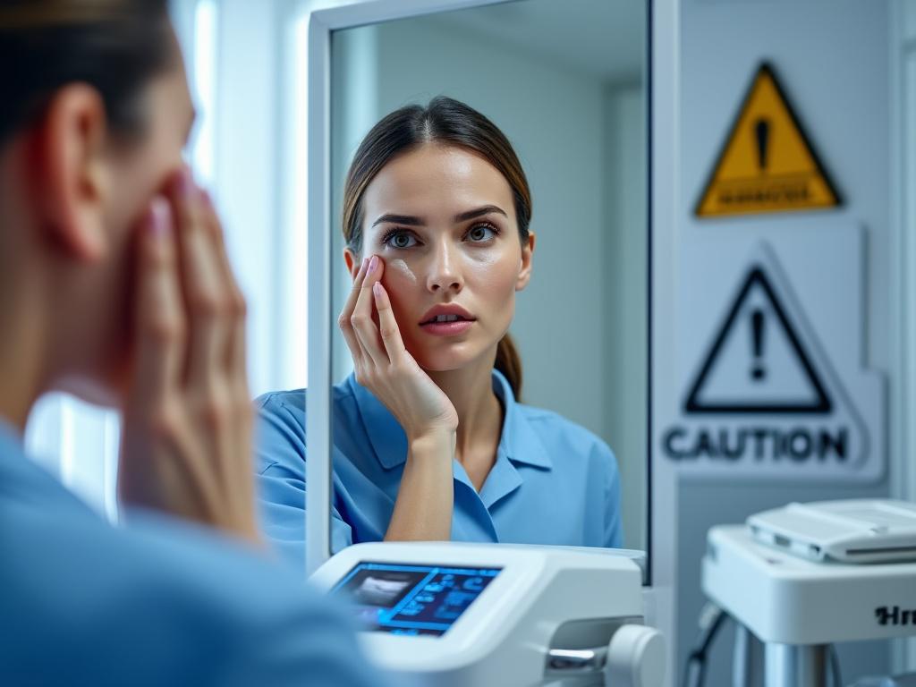 Femme en uniforme devant équipement médical et miroir.