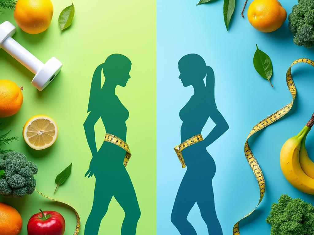 Silhouettes, fruits, et haltère pour fitness et santé.